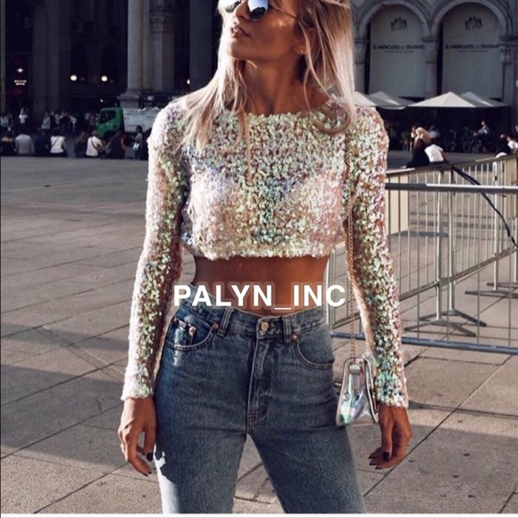 Zara | Tops | Zara Semisheer Sequin Cropped Top | Poshmark